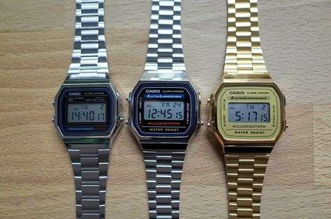 CASIO A158W-1, A168W-1, A168WG-1 - Hullabaloo Blog Casio Vintage Watch Men Outfit, Casio Silver Watch, Casio Vintage Watch Woman, Casio Gold Watch, Cap Men Fashion, Casio Watch Women, Casio Vintage Watch, Casio Digital, Casio G Shock Watches