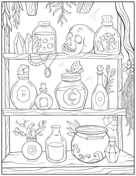 Detailed Colouring Pages For Adults, Witchy Colouring Pages, Celestial Coloring Pages Free Printable, Apothecary Coloring Page, Girly Coloring Pages Aesthetic, Spooky Coloring Pages For Adults, Witchy Coloring Pages Free Printable, Witchcraft Coloring Pages, Dark Coloring Pages