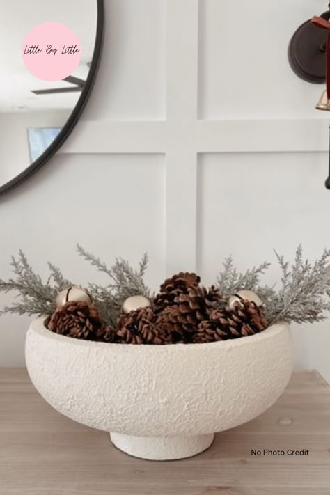 Designer-inspired neutral Christmas bowl decor idea. Christmas bowl decorating ideas, High-end holiday decor, Classic neutral Christmas decor, Budget-friendly Christmas decorations, Fall centerpiece inspiration, Elegant Christmas bowl, #ChristmasDecorInspo #ElegantHolidayDecor #ClassicChristmas #FallCenterpiece fall decor ideas for the home, Fall Aesthetic, Autumn Aesthetic. Cold Christmas Aesthetic Decor, Xmas Inspo Christmas Decor, Christmas Organic Decoration, Christmas Clean Aesthetic, Pine Cone Home Decor, Winter Minimalist Decor, Christmas Decor Ideas With Candles, Fall And Winter Decor, Christmas Home Decor Neutral