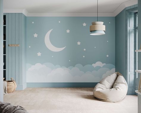 Bedroom Wall Designs Paint Ideas Simple, Kid Bedroom Paint Ideas, Boy Room Paint Ideas, Kids Room Design Boys Bedroom Ideas, Celestial Nursery Theme, Kids Bedroom Paint Ideas, Children Room Wallpaper, Children Bedroom Design, Space Mural