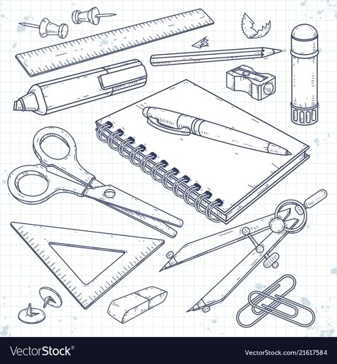 School Items Drawing, Drawing Of Notebook, Daily Objects Sketches, Art Supply Drawing, School Doodles Drawings, Back To School Drawings, Art Tools Illustration, School Supplies Drawing, Office Supplies Illustration