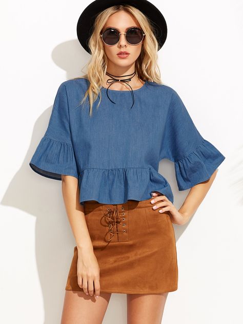 Denim Blouse Women, Moda Denim, Denim Crop Top, Casual Summer Tops, Denim Blouse, Jewel Neck, Urban Chic, Casual Blouse, Casual Top