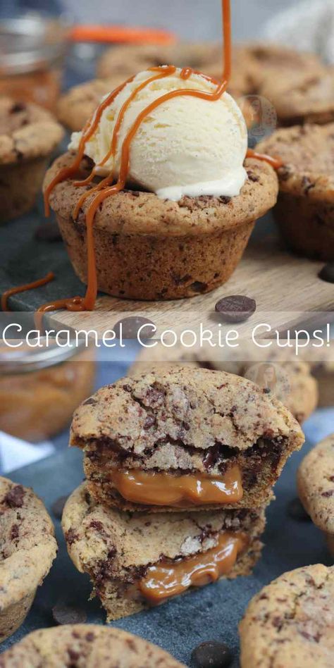 Caramel Cookie Cups! - Jane's Patisserie Cookie Cups Recipe, Janes Patisserie, Scoop Of Ice Cream, Caramel Drizzle, Caramel Cookies, Cookie Cups, Tasty Baking, Bakery Recipes, Easy Baking Recipes