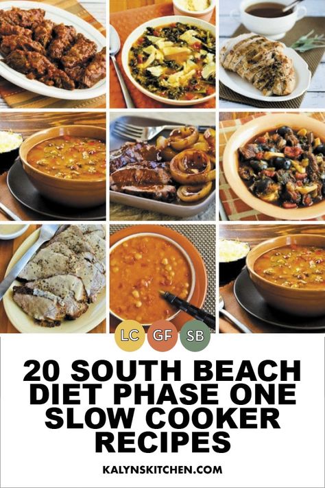 The original South Beach Diet still has a lot of fans, and here are 20 South Beach Diet Phase One Slow Cooker Recipes! Some of these recipes contain dried beans, but quite a few of them are low-carb! [found on KalynsKitchen.com] #South BeachDietPhaseOne South Beach Diet Phase 1 Recipes Breakfast, Diet Slow Cooker Recipes, South Beach Diet Snacks, Lentil Soup Crockpot, Mediterranean Beef Stew, South Beach Phase 1, Beach Recipes, Ground Turkey Soup, Slow Cooker Pork Roast