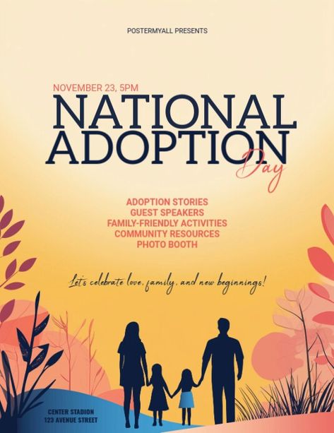 Yellow Illustrative National Adoption Day Fly | PosterMyWall National Adoption Day, Church Halloween, Event Poster Template, Linkedin Background Image, Linkedin Background, Kindle Book Cover, Adoption Day, Adoption Stories, Concept Map