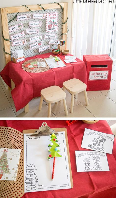 Set up a Christmas themed Dramatic Play area in your home or classroom. Perfect for role-playing Santa's Workshop with your preschool, kindergarten and toddlers! Includes 7 different stations - letter writing, gingerbread play dough, wrapping presents, decorating the tree, wishlist making and more! Includes all of the printables you need for this festive season! Christmas Workshop Ideas, Letter Board Christmas, Santa's Workshop Dramatic Play, Christmas Dramatic Play, Dramatic Play Space, Gingerbread Play Dough, Writing Center Preschool, Christmas Literacy, Dramatic Play Themes