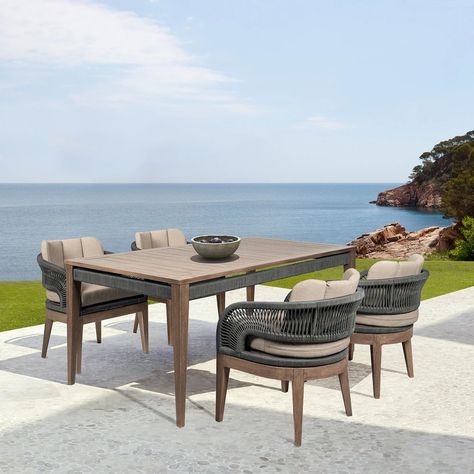 Orbit Outdoor Patio 5 Piece Dining Set in Weathered Eucalyptus Wood with Gray Rope and Taupe Olefin Cushions - On Sale - Bed Bath & Beyond - 39875301 Outdoor Patio Dining Table, Backyard Dining, Dinning Tables, Modern Outdoor Dining, Outdoor Patio Dining, Outdoor Aesthetic, Eucalyptus Wood, 5 Piece Dining Set, Patio Dining Table