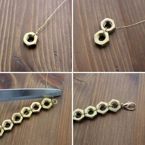 How to Create Gorgeous Gold Jewelry from the Hardware Store - Brit + Co Hardware Jewelry Diy, Hex Nut Jewelry, Nut Bracelet, Washer Jewelry, Hardware Stores, Diy Jewelry Making Bracelets, Hardware Jewelry, Bijoux Fil Aluminium, Making Bracelets