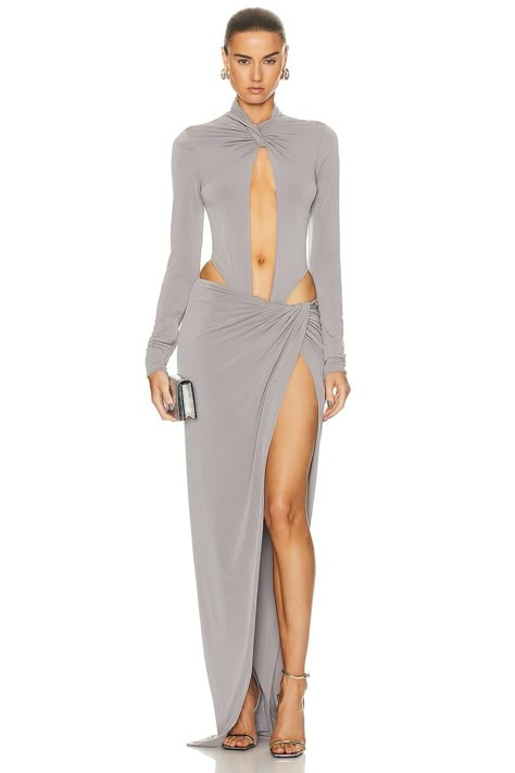 LaQuan Smith Keyhole Bodysuit in Grey | FWRD Ella Thomas, Boutique Interiors, Tailored Outfits, Resort 2024 Collection, Twisted Fabric, Resort 2024, I Am Gia, Swim Coverups, 2024 Collection