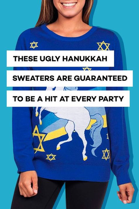 These are the best ugly Hanukkah sweaters! #hanukkah #hanukkahsweaters #holidays Ugly Sweater Outfits, Ugly Hanukkah Sweater, Diy Hanukkah, Hanukkah Sweater, December Holidays, Ugly Sweater Party, Ugly Sweater, Hanukkah, Sweater Outfits