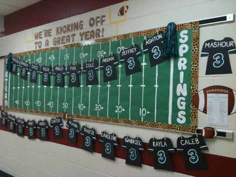 Board I made for my friend who's a 3rd grade teacher- she requested a football theme. Go Jags! Cheer Bulletin Board Ideas, Football Classroom Door, Tailgating Decorations, Team Bulletin Board, Football Bulletin Boards, Sports Bulletin Boards, School Sports Theme, Classroom Door Decorations, Sports Classroom