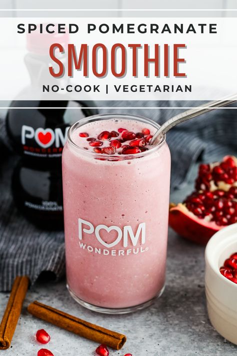 Have a healthy new year with this Spiced Pomegranate Smoothie recipe! It uses delicious pomegranate juice and baking spices - you'll love this version of a classic fruit smoothie with your breakfast! #pomegranatesmoothie #healthysmoothies #easysmoothierecipe #healthysmoothierecipe #pomegranate Pomegranate Smoothie Recipes, Pomegranate Juice Recipe Healthy, Recipes With Pomegranate Juice, Pomegranate Juice Recipe Drinks, Pomegranate Protein Shake, Cranberry Pomegranate Smoothie, Smoothie With Pomegranate Juice, Pomegranate Juice Recipe, Pomegranate Juice Smoothie