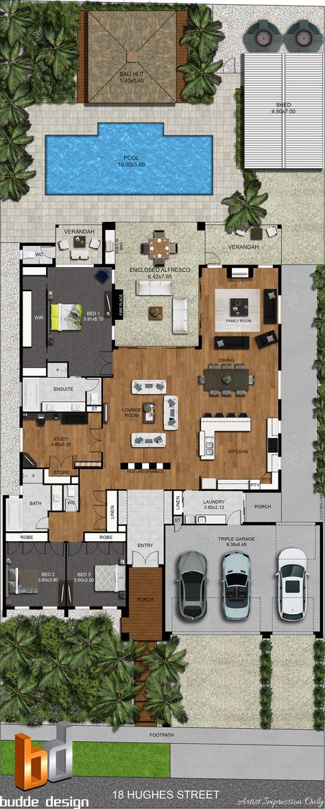 Bali Hut, Triple Garage, Bali Huts, Living Pool, Australia House, Custom Floor Plans, Plan Image, Pool Outdoor, House Layout Plans