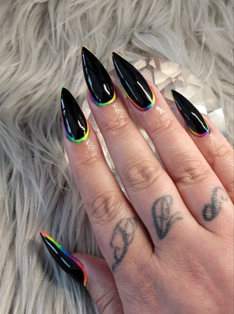 Rainbow Black Nails, Rainbow Goth Nails, Pride Nails Black, Dark Rainbow Nails, Black Pride Nails, Black And Neon Nail Designs, Bi Pride Nails, Pastel Goth Nails, Flame Nail Art