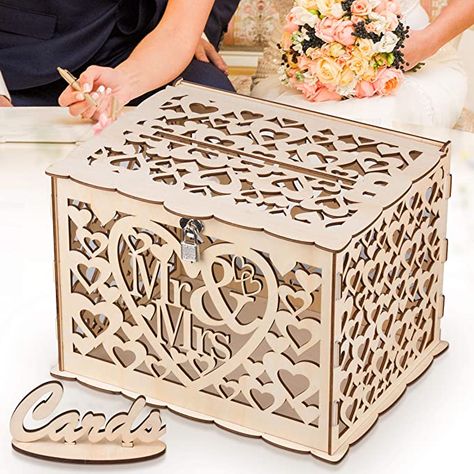 Amazon.com: GLM Wedding Card Box with Lock, DIY Money Box Holder, Holds up to 300 Cards, Card Sign, Hollow Wooden Gift Card Box for Wedding Reception Anniversary Shower Rustic Wedding Decorations Birthday: Home & Kitchen Wooden Card Box Wedding, Wedding Gift Card Box, Wooden Card Box, Money Box Wedding, Rustic Wedding Cards, Box With Lock, Card Box Holder, Country Wedding Decorations, Wooden Wedding Signs