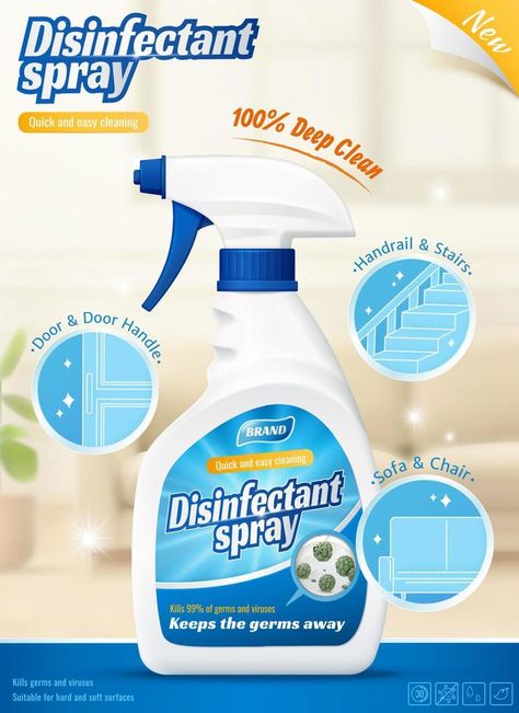 3d ad template for disinfectant cleaner spray or odor remover. Product bottle on blurry living room background with several efficacy icons. Sanitizer Spray, Brown Color Schemes, Clean Plates, Pillow Spray, Disinfectant Spray, Living Room Background, Ad Template, Odor Remover, Ads Creative