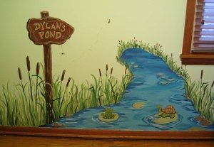 Pond Nursery Theme, Treehouse Playroom, Pond Nursery, Jungle Themed Bedroom, Waterfall Scenery, Newborn Room, Frog Theme, Nursery Wall Murals, Nursery Mural