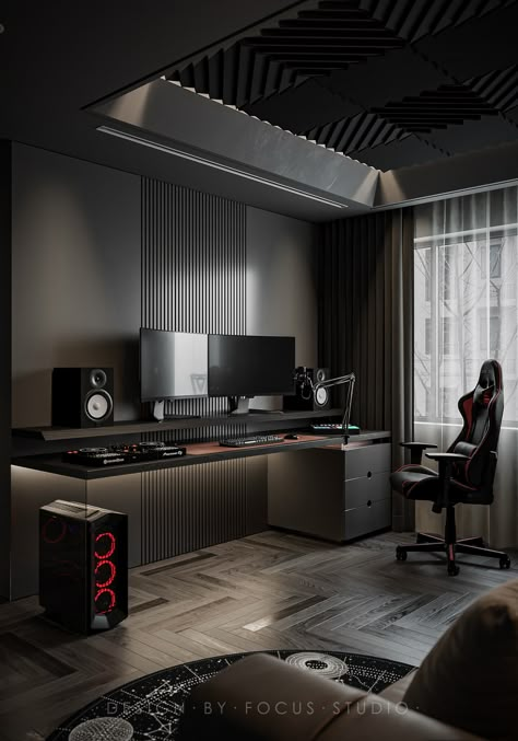 H A L O N G H O U S E | MINIMALIST STUDIO | AQUAHOME on Behance Gaming Design Room, Gaiming Desk, Classic Gaming Room, Small Bedroom Studio Ideas, Game Room Computer, Modern Gaming Room Design, Pc Office Setup, Black Games Room, Bedroom With Setup