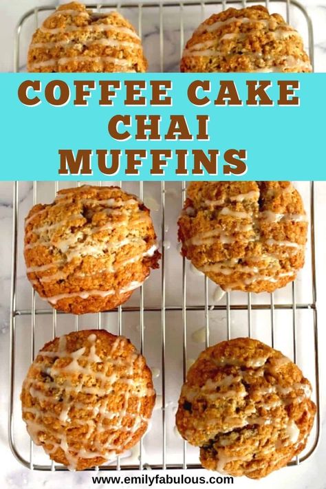 Coffee Cake Chai Muffins | Streusel | EmilyFabulous Chai Coffee Cake Muffins, Chai Muffin Recipes, Apple Chai Latte, Coffee Break Snacks, Chai Muffins, Coffee Cake Muffin Recipes, Healthy Coffee Cake, Coffee Muffins, Vanilla Chai Tea