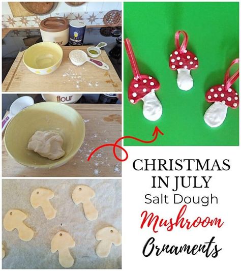 Christmas in July - Salt Dough Mushroom Ornaments Mushroom Ornaments, Sequin Ornaments, Salt Dough Ornaments, Dough Ornaments, Clothespin Dolls, Walnut Shell, Christmas Party Food, Holiday Crafts Christmas, Salt Dough