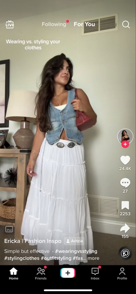 Warren Zeiders, Jean Vest Outfits, Billie Eilish Concert Outfit, White Maxi Skirt Outfit, Denim Vest Outfit, Long Skirt Jeans, Blue Jean Vest, Ms Frizzle, Western Dance