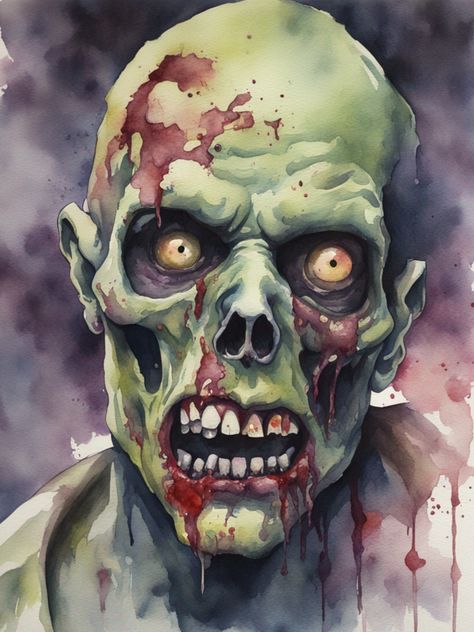 Experience the haunting allure of the undead with our captivating decoupage paper featuring a zombie face in watercolor! Delve into a world of eerie beauty and macabre fascination as you explore the intricate details of each sheet. Perfect for adding a touch of zombie chic to your crafting projects, this high-quality decoupage paper is ideal for creating Halloween decorations, spooky art pieces, and unique home decor with a twist of undead elegance. The watercolor rendering of the zombie face brings a delicate yet eerie charm to your crafts, infusing them with a mystical and mesmerizing quality. Embrace the dark and alluring spirit of the "Undead Elegance" watercolor zombie face decoupage paper and let your creativity wander through the shadows of the undead with a touch of artistic flair. Halloween Zombie Drawing, Zombie Face Reference, Horror Watercolor Paintings, Zombie Face Drawing, Halloween Character Art, Watercolor Art Dark, Zombie Inspiration, Zombie Character Design, Zombie Painting