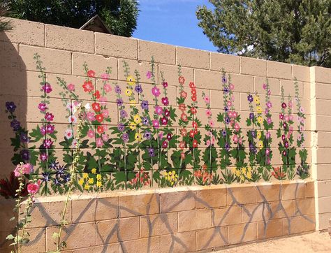 Backyard Wall Mural, Outdoor Wall Paint, Brick Wall Gardens, Exterior Murals, Garden Fence Art, Cinder Block Walls, Garden Mural, Flower Mural, Fence Art