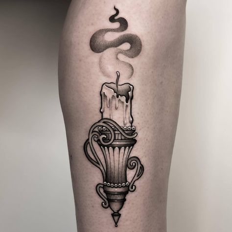 Black inked candle tattoo design by Alyssa Jade Tattoo from New South Wales Moon In A Bottle Tattoo, Witchy Candle Tattoo, Candles Tattoo Design, Candle Stick Tattoo, Candle Lantern Tattoo, Burning Candle Tattoo, Candlestick Tattoo, Jade Tattoo, Candle Tattoo Design