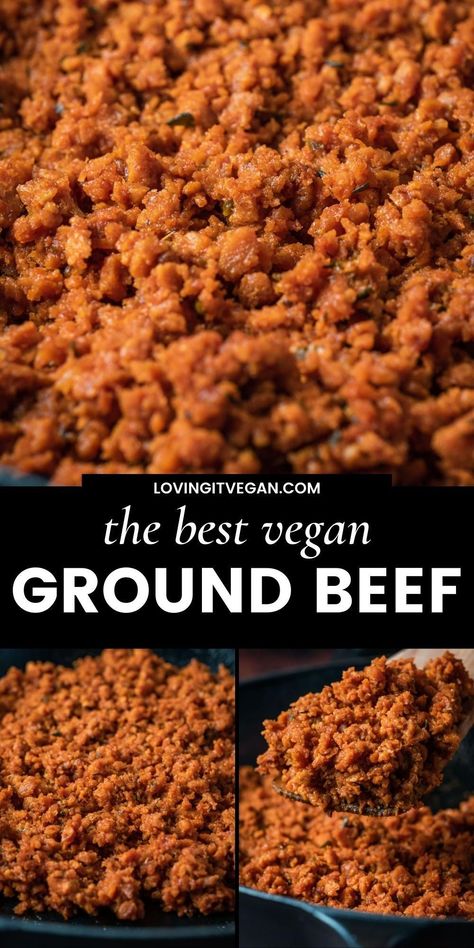 This vegan ground beef recipe is made with textured vegetable protein for an easy to make, highly flavorful, high protein meat substitute. Vegan Ground Beef Substitute, Vegan Meat Replacement Recipes, Chickpea Meat Substitute, Textured Protein Recipes, Lentil Ground Beef Substitute, Vegan Ground Meat Recipes, Meat Replacement Recipes, Plant Based Ground Beef Recipes, Textured Vegetable Protein Recipes