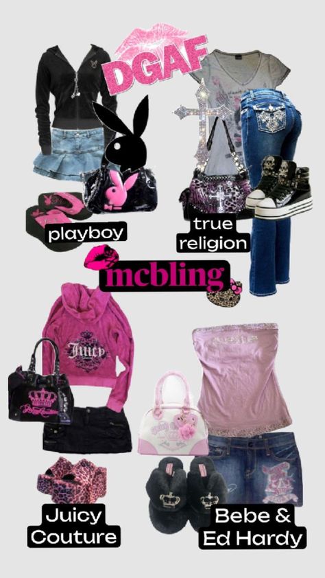 Y2k Outfits Ed Hardy, Ed Hardy Y2k Outfit, Juicy Couture Outfits, Y2k Mcbling Aesthetic, Ed Hardy 2000s, Ed Hardy Outfit, Genderfluid Fashion, Mc Bling, 2000s Fits