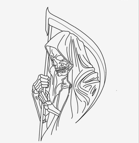 Grim Reaper Line Drawing, Grim Reaper Flash Tattoo, Grim Reaper Leg Tattoo, Grim Reaper Tattoo Outline, Grim Reaper Outline, Reaper Tattoo Stencil, Tattoo Outline Drawing Stencil Ideas For Men, Grim Reaper Tattoo Stencil, Skull Tattoo Stencils Outline