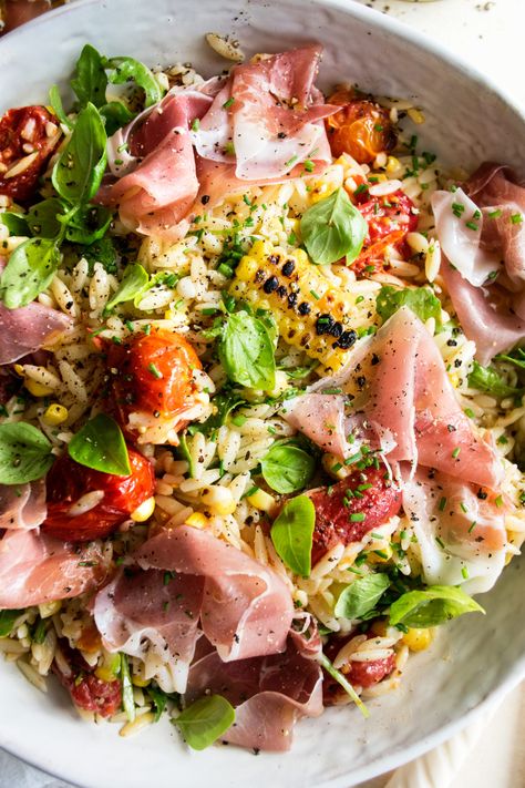 Orzo Salad with Prosciutto & Parmesan Vinaigrette - The Original Dish Weeknight Spring Dinner, Epic Salads, Summer Orzo, The Original Dish, Spring Salad Recipes, Orzo Salad, Summer Bbq, Easy Salads, Orzo