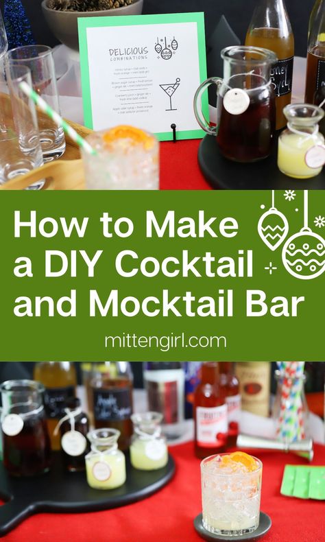 Creating a cocktail and mocktail bar for your guests is a delicious way for them to craft the exact drink they want while you enjoy hosting and not bartending. Setting up a cocktail and mocktail bar provides your guests with (1) something to do, (2) something to talk about, and (3) a way to pour exactly what they want to sip. It’s also a share-worthy activity, so if your party has a hashtag, it should have a DIY cocktail and mocktail bar! #entertaining #homebar #holidays Diy Cocktail Bar, Cocktail Bar Set, Cocktail Bar Design, Mocktail Bar, Cocktail Station, Drink Syrups, Diy Cocktails, Home Cocktail Bar, Easy Cocktail