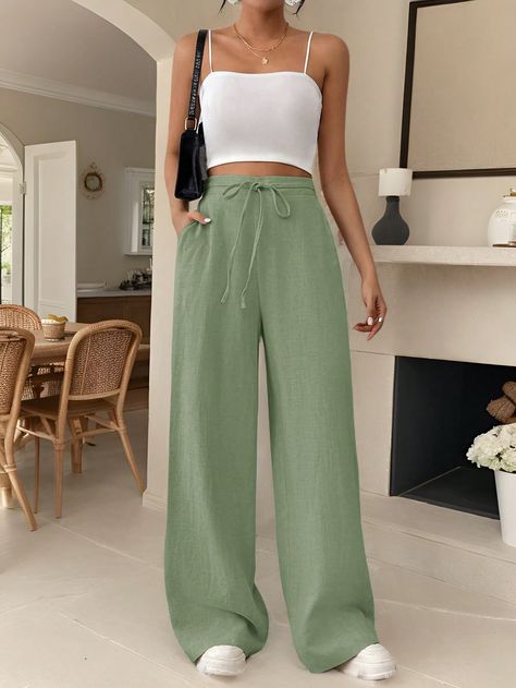 Women's Drawstring Pocket Straight Wide-Leg Comfortable Casual Elegant Pants  Linen Striped Trousers  Teacher Pants  Teacher Clothes Fall Outfits  Back To School   Commute  Minimalist Office   Old Money Simple Green Casual   Viscose Plain Wide Leg Non-Stretch  Women Clothing, size features are:Bust: ,Length: ,Sleeve Length: Green Linen Pants Outfit, Teacher Pants, Office Old Money, Outfits Back To School, Drawstring Pants Outfit, Elegant Pants, Linen Pants Outfit, Teacher Outfits Fall, Striped Trousers