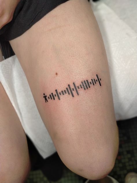 A Spotify code tattoo for the song "Body" by Jordan Suaste. The tattoo is on top of the thing, above the knee. Next to the spotify code is a simple silhouette of a body. Spotify Code Tattoo, Spotify Tattoo, Jordan Suaste, Code Tattoo, Spotify Code, Thigh Tattoo, Tatting, Jordan, Coding