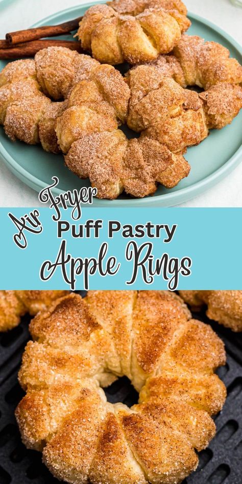 These air fryer puff pastry apple rings are a fun and easy way to get a delicious apple dessert, without having to make an entire pie! Apple Ring Donuts Recipe Air Fryer, Puff Pastry Apple Donuts Recipe, Apple Rings Puff Pastry, Apple Rings Wrapped In Puff Pastry, Apple Ring Puffs, Apple Puff Pastry Rings, Apple Ring Puff Pastry, Apple Rings Air Fryer, Apple Donut Rings