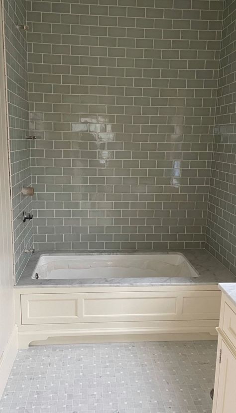 Soaker Tub Tile Surround, Bath And Tub Combo, Two Shower Heads On Same Wall, Gil Schafer Bathroom, Bead Board Ceiling Bathroom, Garden Tub With Shower Combo, Drop In Tub With Shower Ideas, Soaking Tub Surround Ideas, Tiled Jacuzzi Tub Surround