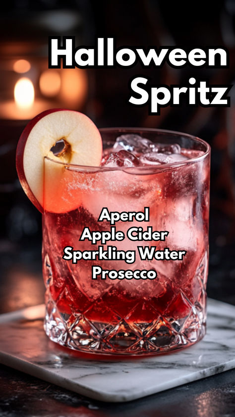 Halloween Spritz Perfect Aperol Spritz, Apple Aperol Spritz, Autumn Prosecco Cocktails, Spooky Season Cocktails, Spooky Aperol Spritz, Halloween Party Drink Ideas For Adults, Cocktail With Aperol, Halloween Aperol Spritz, Cute Fall Cocktails