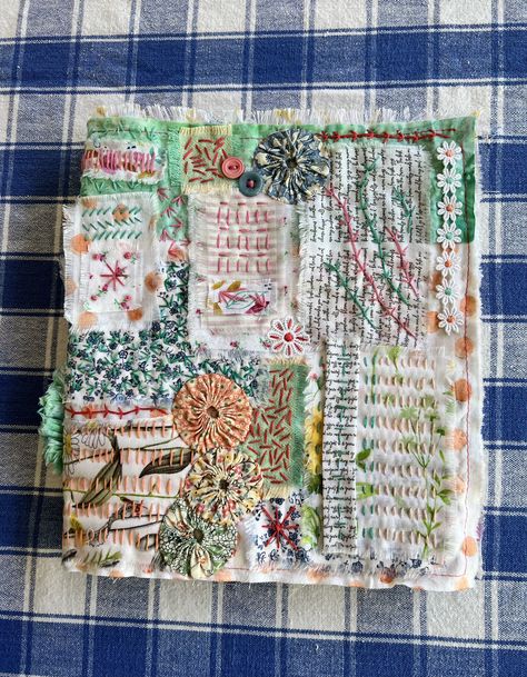 Slow stitched fabric journal Slow Stitch Journal, Stitch Journal, Textile Collage, Fabric Journal, Brush Roll, Fabric Journals, Vintage Textile, Creative Embroidery, Slow Stitching