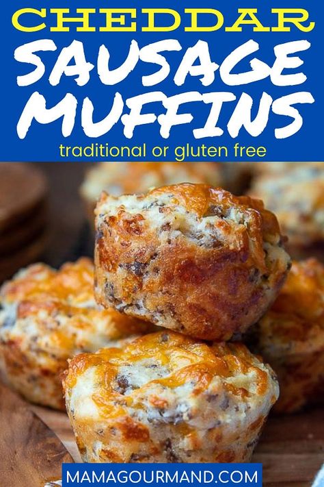 Cheese Sausage Muffins are perfect for breakfast on-the-go, holiday brunches, or a satisfying savory snack. These fluffy cheddar muffins are take on a southern favorite, sausage balls, but as a complete breakfast in one package! #sausagemuffins #withbisquick #easy #glutenfree #withflour Cheddar Muffins, Complete Breakfast, Gluten Free Sausage, Sausage Muffins, Turkey Breakfast Sausage, Savory Breakfast Recipes, Turkey Breakfast, Best Sausage, Bread Muffins