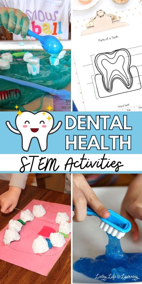 Do you want your kids to learn how to take care of their teeth? These Dental Health STEM Activities can make your homeschool dental health lesson fun and exciting! So get ready and try these awesome activities now! Teeth Stem Activities, Dental Health Activities First Grade, Dental Month Activities, Dental Health Science Experiment, Prek Dental Health, Dental Science Experiments Kids, Dental Education For Kids, Dental Games For Kids, Preschool Teeth Activities