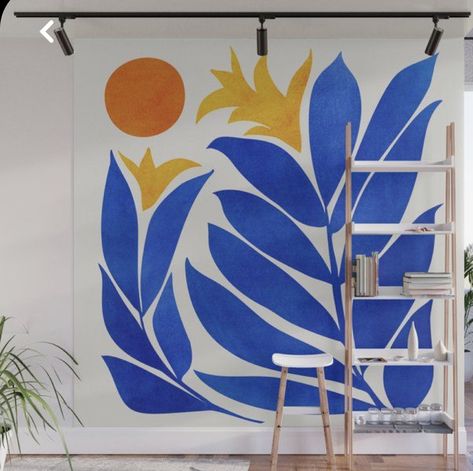 Mid Century Modern Wall Mural Diy, East Wall Mural, Mural Illustration Wall, Simple Outdoor Mural, Garden Wall Mural Outdoor, Mid Century Mural, Mid Century Modern Mural, Indoor Mural Ideas, Maximalist Mural