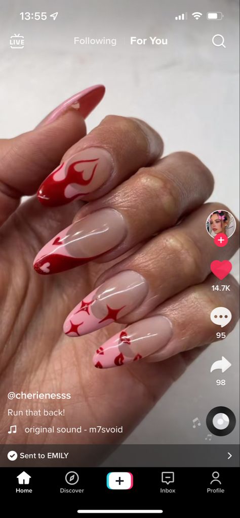 Valentines Nails Alternative, Long Oval Valentines Nails, Acrylic Nails Almond Valentines Day, Valentine’s Day Gel X Nails, Valentine's Day Nails Acrylic Almond, Valentines Day Nails Cupid, Valentines Day Almond Shape Nails, Valentines Day Nails Funky, Almond Nail Valentines Day