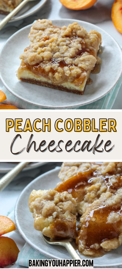 Peach Cobbler Cheesecake Bars, a secret ingredient in the crust combined with a creamy cheesecake layer and topped with peaches and crumble! Peach Dessert Bars, Cobbler Crust Recipe, Cream Cheese Desserts Easy, Peach Cobbler Cheesecake Recipe, Peach Cobbler Cheesecake, Cake Decorating Tips And Tricks, Cobbler Crust, Sweet Easy Recipes, Peach Cheesecake