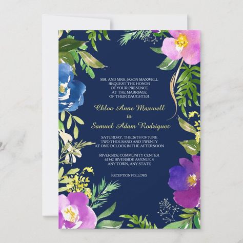 Modern Floral Wedding Invitations, Wedding Text, Modern Floral Wedding, Frame Wedding Invitation, Pink Look, Floral Wedding Invitation, Navy Blue Background, Watercolor Images, Blue Violet