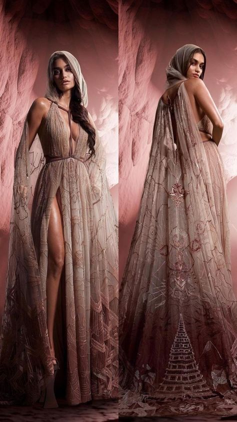 Artemis Inspired Dress, Gods And Goddesses Outfit, Fantasy Ball Gowns Goddesses, Goddess Outfit Aesthetic, Pandora Outfit, Fictional Dresses, Asgardian Dress, Villain Dresses, Desert Dress