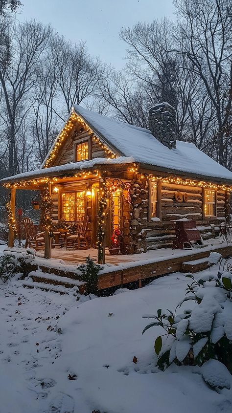 🏡✨ Step into a winter wonderland with this cozy log cabin! The warm glow of twinkling fairy lights against the snowy backdrop creates a magical, festive atmosphere. Perfect for sipping hot cocoa by the fire & embracing the Christmas spirit! ❄️🎄  #christmas #cabin #winter #cozy #snow #holiday #festive #lights #home #rustic #magic #nature #decoration #warm #glow Rustic Winter Cabin, Cozy Christmas House Exterior, Christmas Cabin Interior, Log Cabin Christmas Decor Ideas, Cabin Christmas Aesthetic, Tiny House Christmas Decor, Christmas Cabin Aesthetic, Cozy Cabin Christmas Decor, Log Cabin Christmas Decor