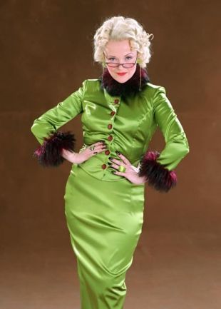 Rita Skeeter Rita Skeeter Costume, Harry Potter Rita Skeeter, Rita Skeeter, Suit Green, Satin Suit, Harry Potter Books, Green Satin, Fur Collar, Harry Potter