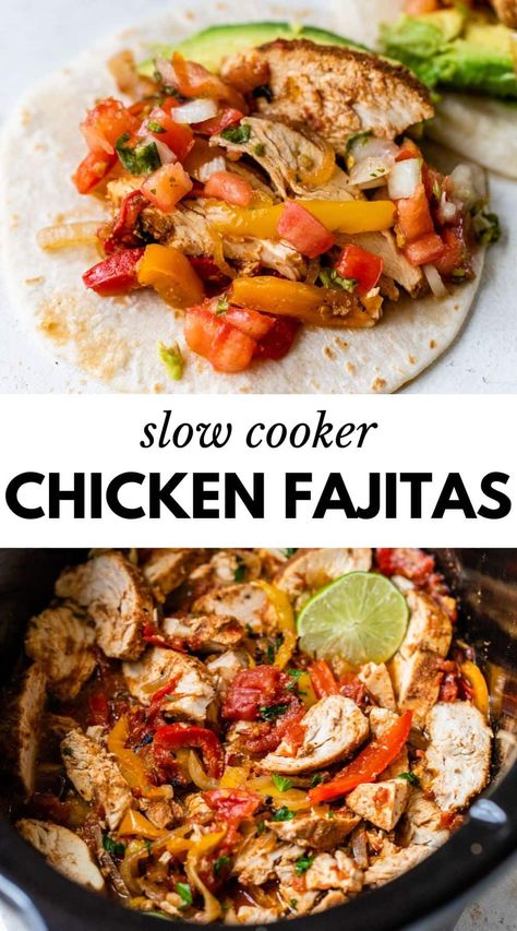 Enjoy these Slow Cooker Chicken Fajitas for a quick, hands-off family dinner! Boldly seasoned chicken breasts are cooked with peppers, onions, and tomatoes to give you a hearty filling to layer on tortillas with your favorite toppings. Chicken Fajita Casserole Crockpot, Chicken Fajitas In The Crockpot, Chicken Fajitas Slow Cooker, Fajita Crockpot Recipes Chicken, Crock Pot Fajitas, Crockpot Chicken Fajita Recipes, Steak Fajitas Crockpot, Slow Cooker Fajitas, Crockpot Fajitas