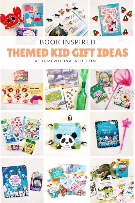 Book Inspired- Themed Kid Gift Ideas - At Home With Natalie-- I love a theme, especially when it comes to gifting! Our favorite books have become our new go-to’s for presents. Today I’m sharing how you can make the books even more fun as a cute bundled gift Want to promote a love for reading in the little ones in your life? Here’s some great ideas for gifting with books! It doesn’t take much… most of the items are dollar tree finds, small items or just clever candy picks! Book Gifts For Kids, Book Themed Teacher Gift, Book Themed Gift Basket, Books To Teach Theme, Themed Book Baskets, Book Gift Basket, Usborne Books Party, Usborne Books Consultant, Kids Gift Baskets